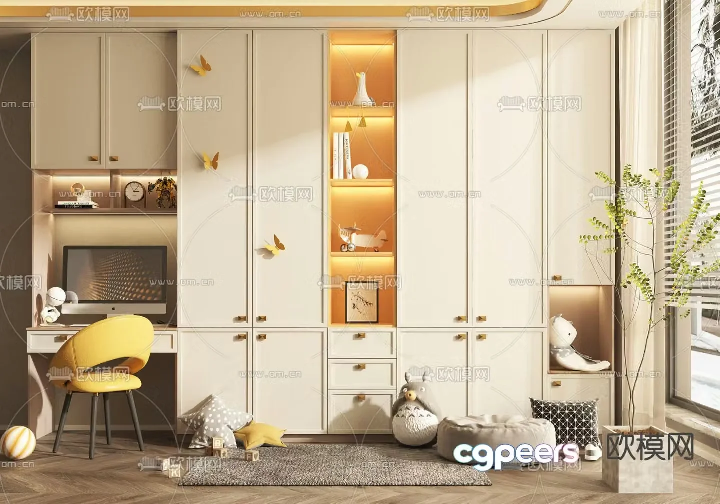 Integrated children’s desk chair bookcase 3d model