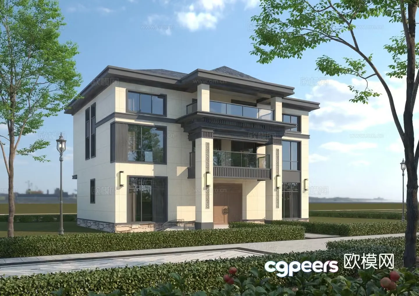 Simplified European three-story villa single-family villa 3D model