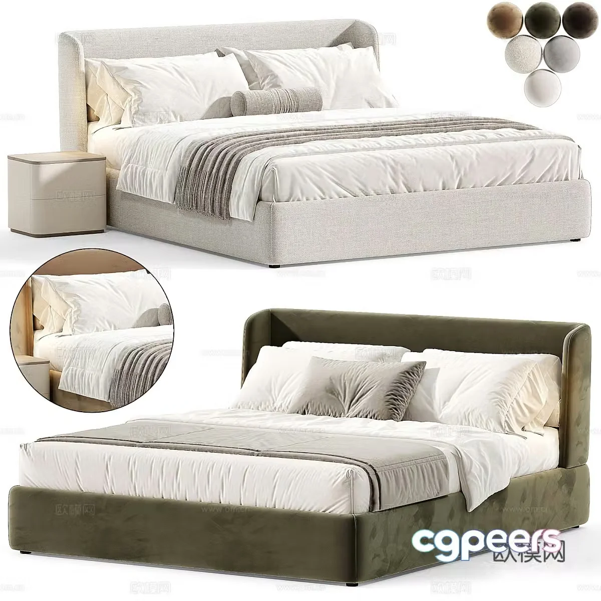 Modern cream style fabric double bed 3d model