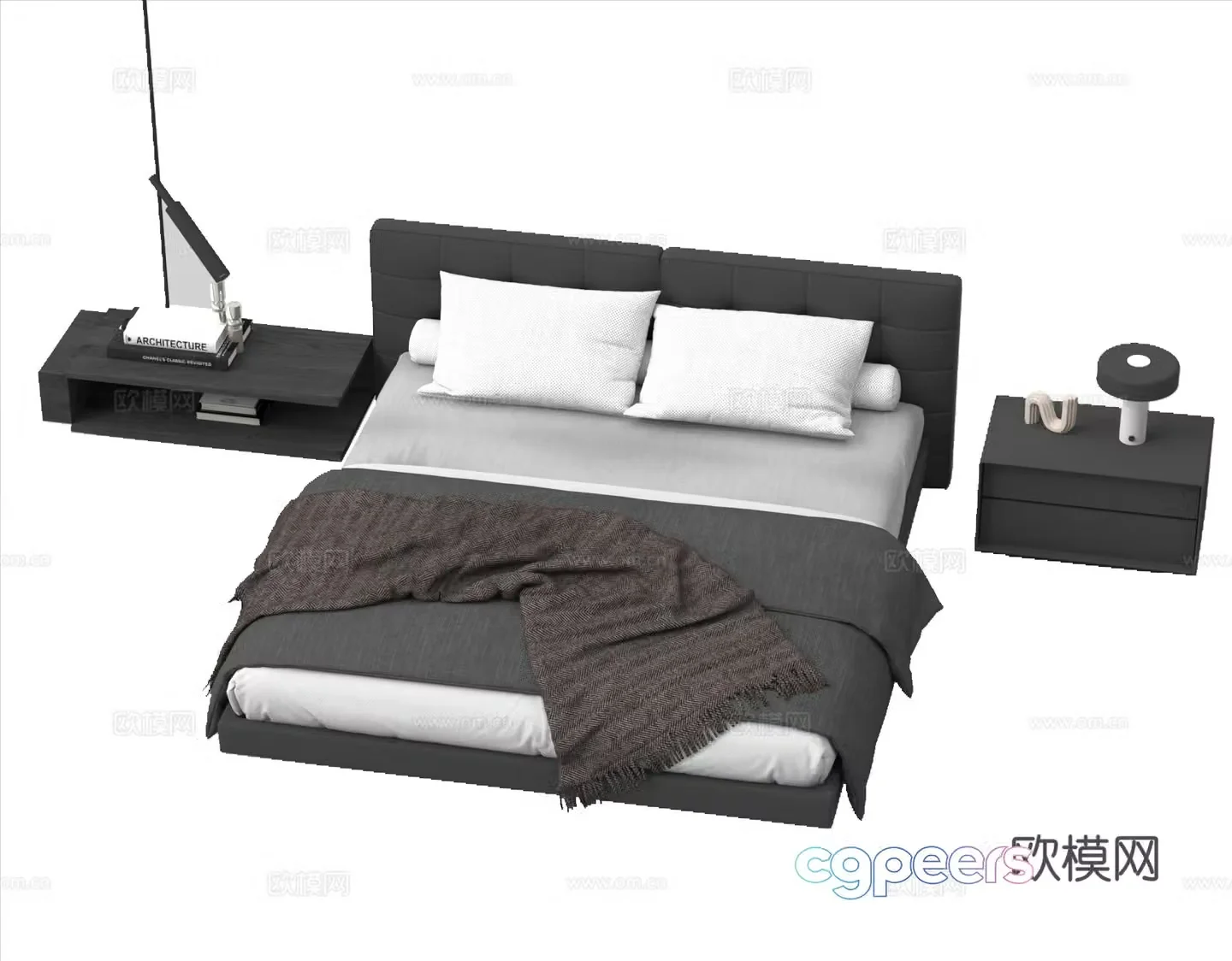 Double bed bedding bedside table 3d model