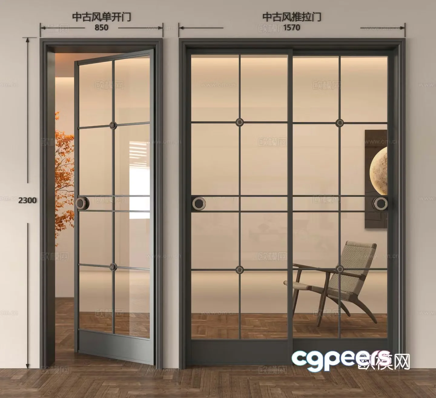 Medium-old glass door French glass door glass single-open door glass sliding door kitchen and bathroom glass door 3D model