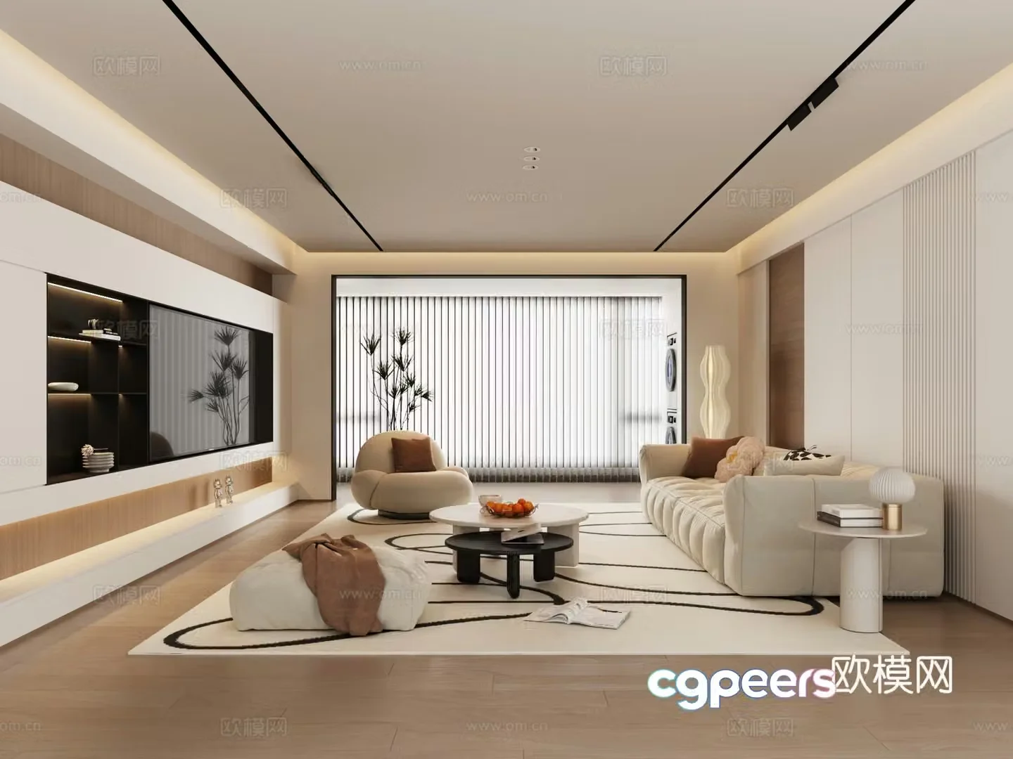 Modern Creamy Living Room 3D Model