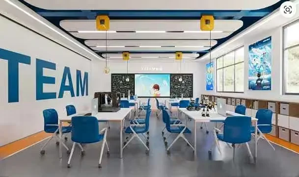 A Conference Room With A Long Table And Blue Chairs 3D Model – 16252 – VRAY Render