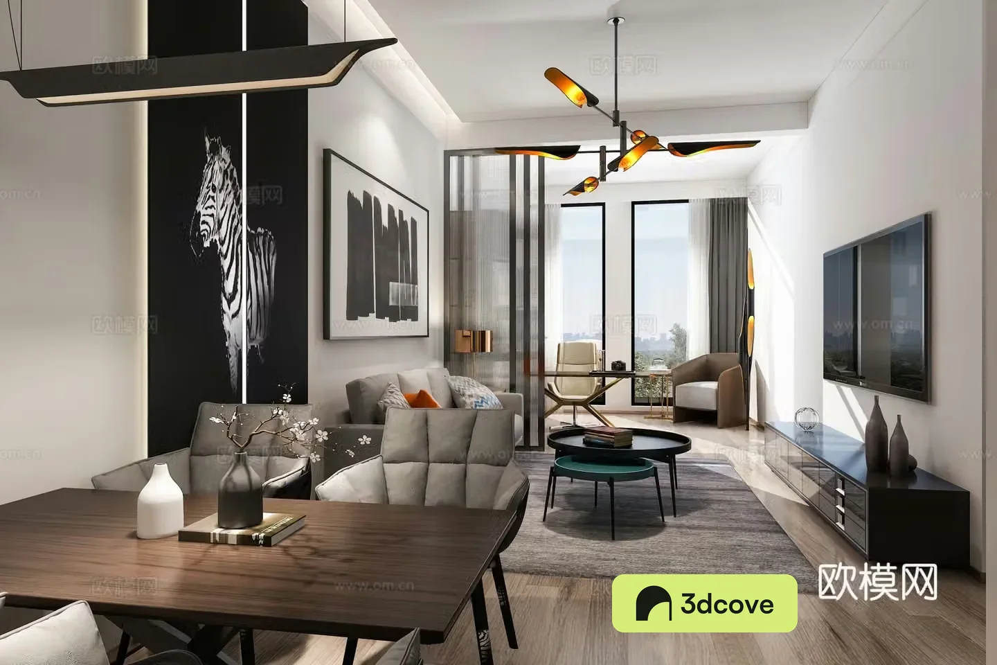 Modern living and dining table sofa coffee table chandeliers TV cabinet