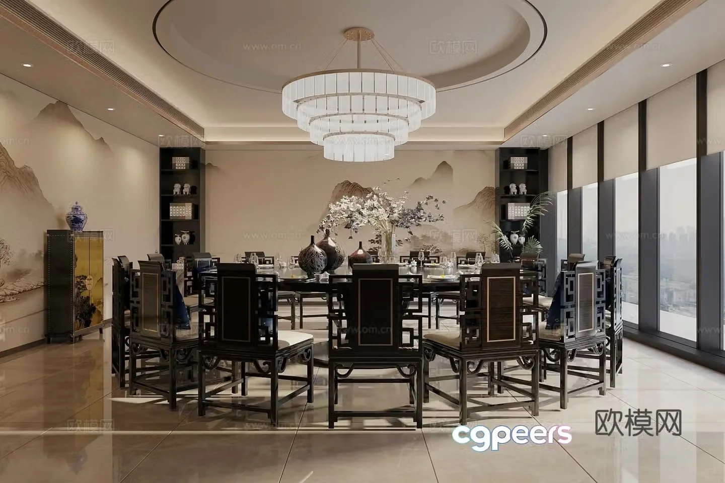Song’s new stroke private room private room artistic chandelier round table and chair combination 3D model