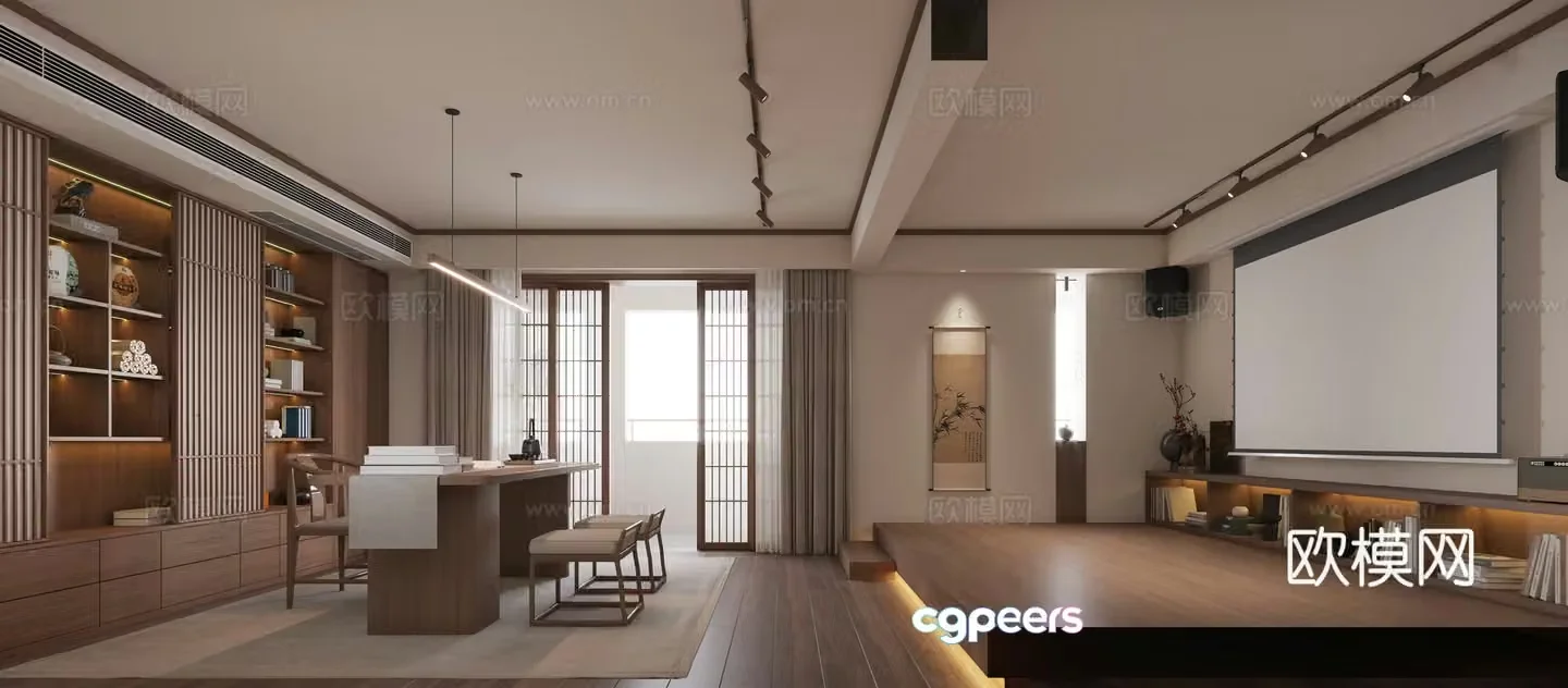 Song style aesthetic study Song Dynasty style desk bookcase projection screen font poetry wall 3d model
