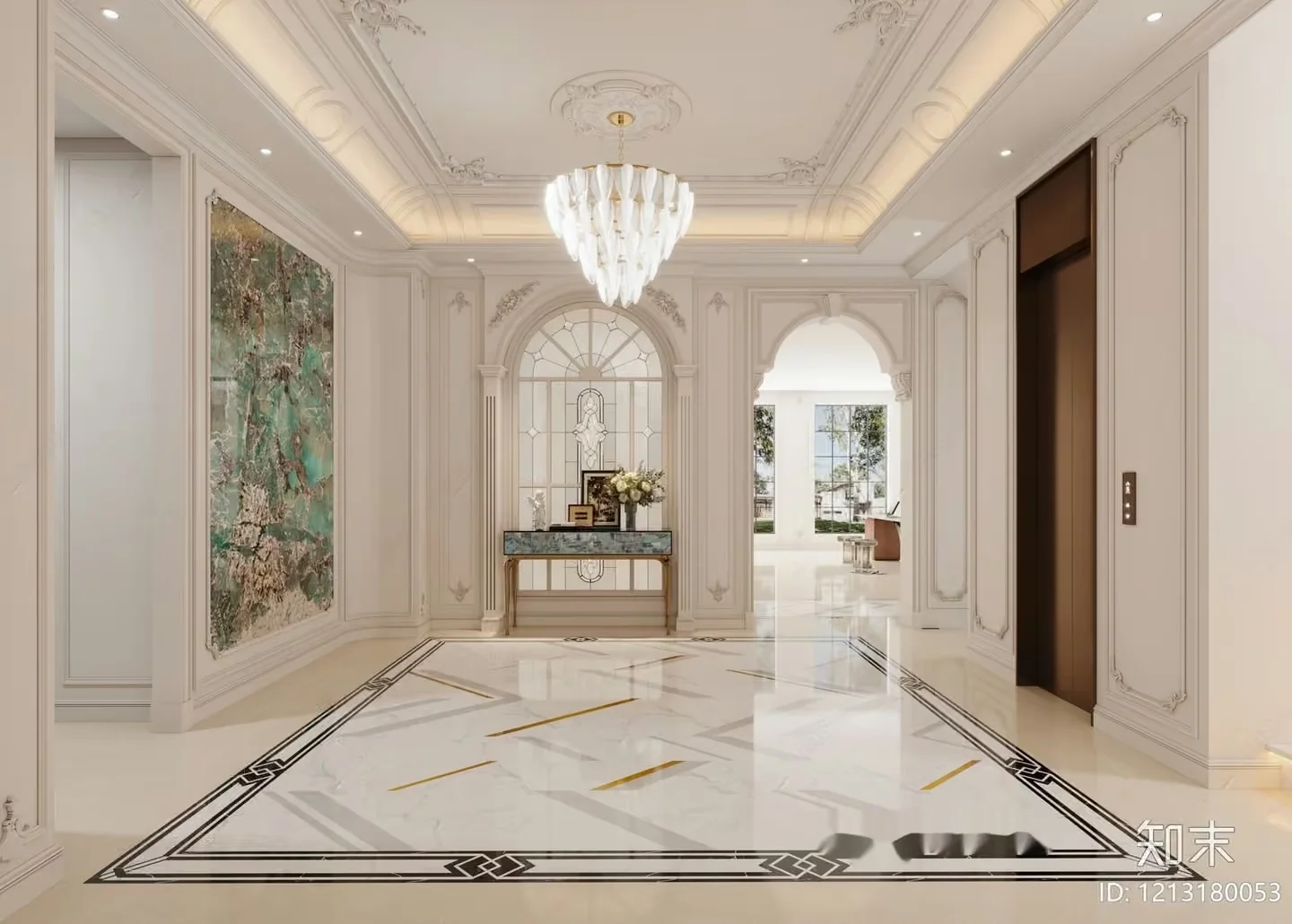 A Luxurious Hallway With White And Gold Decor 3D Model – 5516 – VRAY Render
