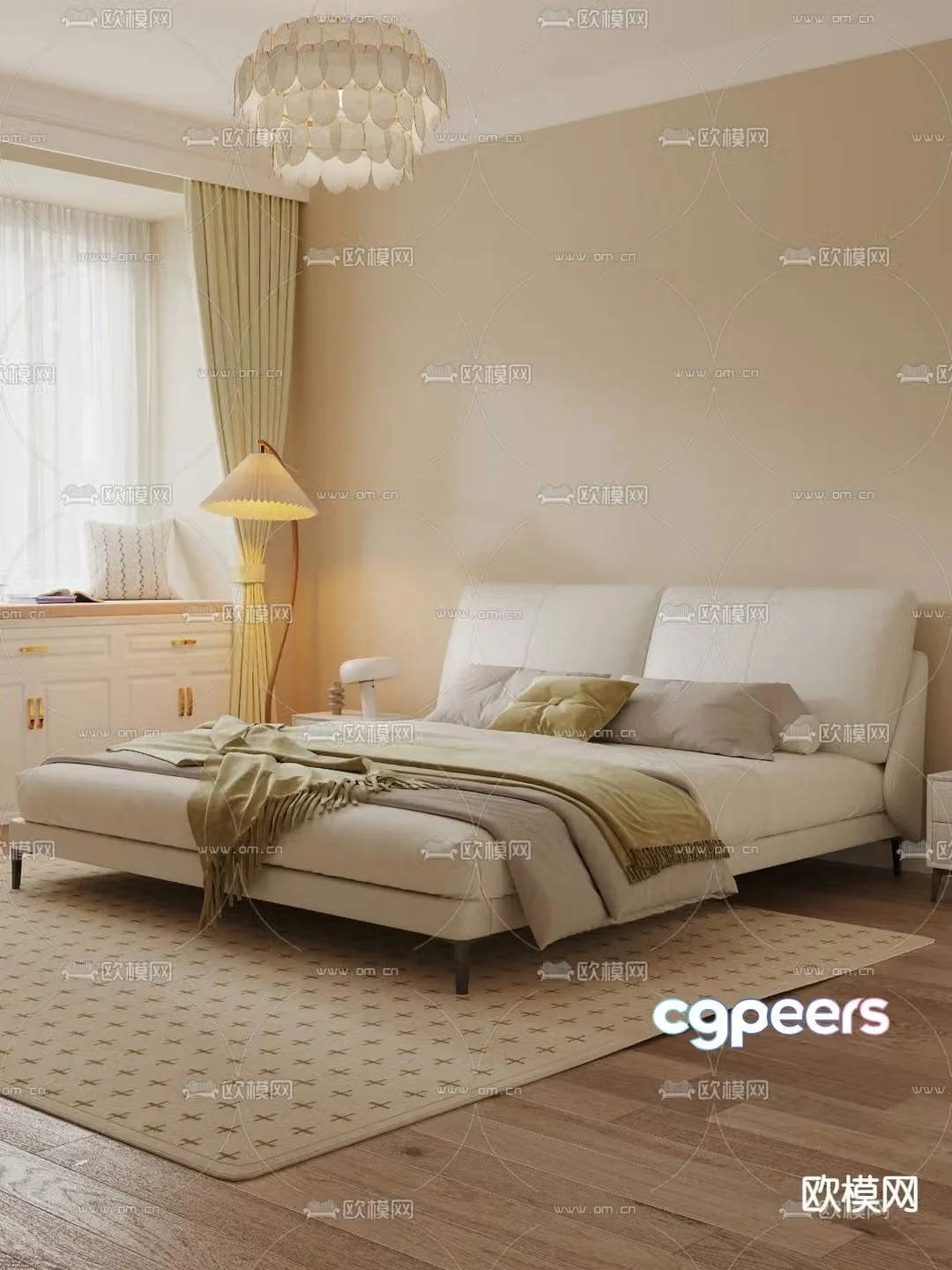 Cream style double bed 3d model