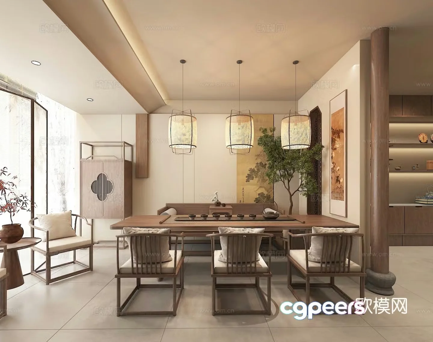 New Chinese Song style aesthetic living and dining room 3D model