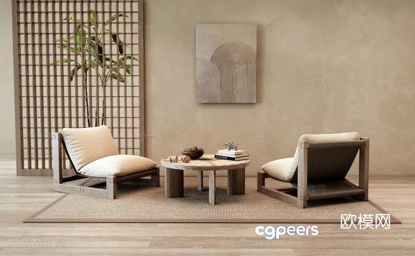 Washi leisure table and chairs tatami table and chairs 3D model