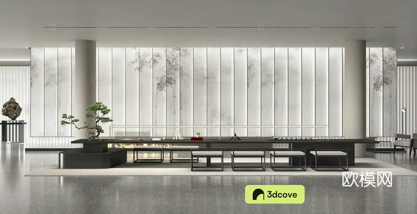 New Chinese style tea room background wall tea table and chair combination