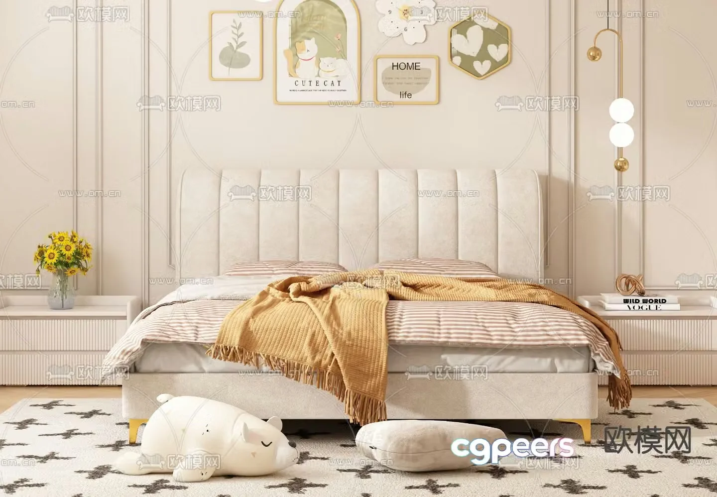 Cream style double bed 3d model
