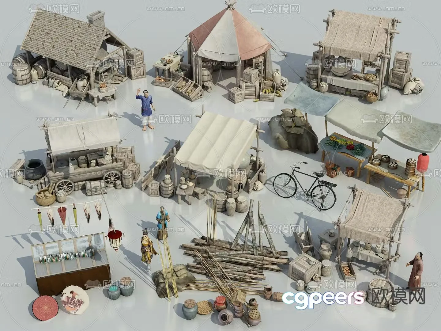 Ancient commercial street sketches shop stalls 3D model