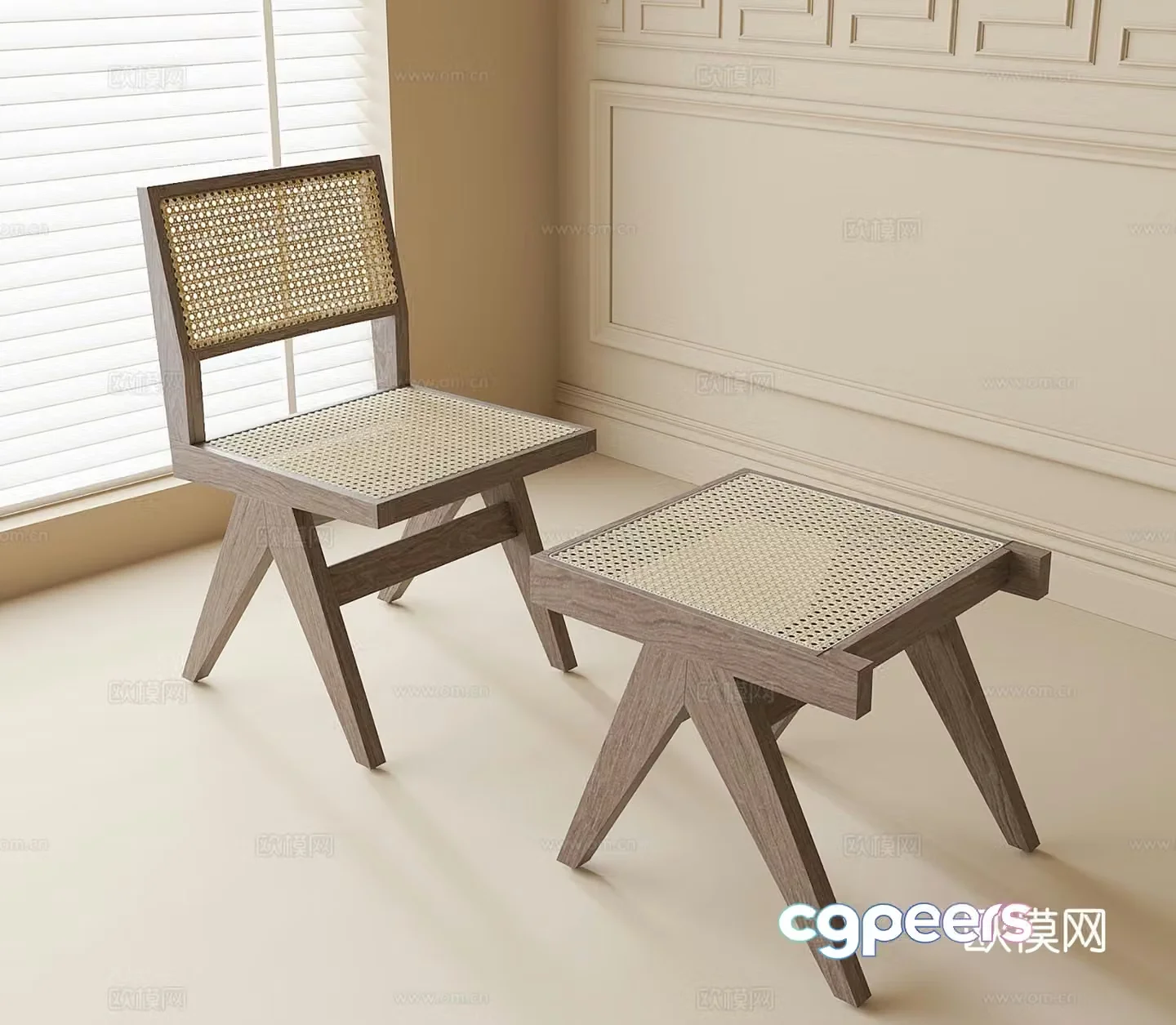 Wabi-sabi rattan single chair rattan stool 3D model