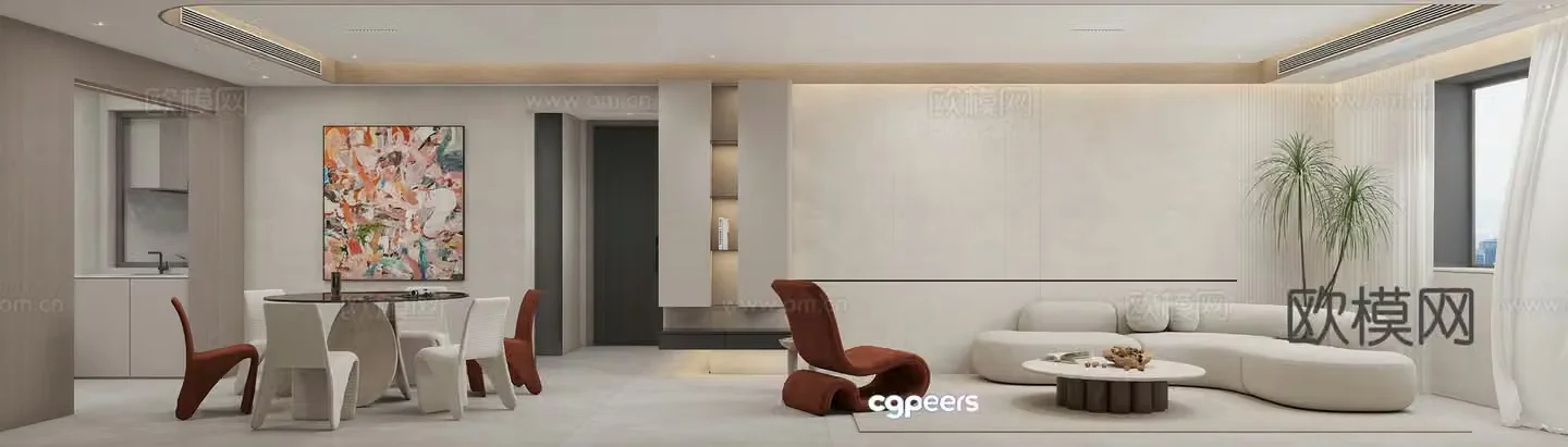 Modern living and dining room 3d model