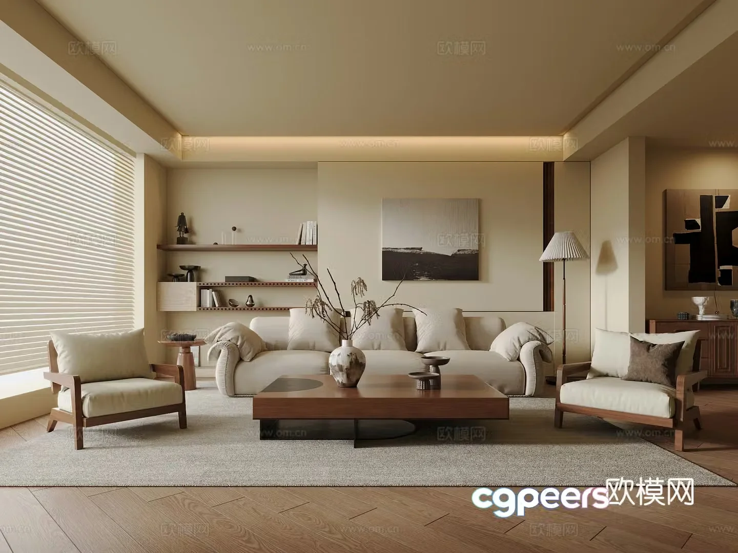 Wasabi Middle Style Home Living Room Small Living Room No Owner Light Fabric Sofa Coffee Table Combination Real 3D Model