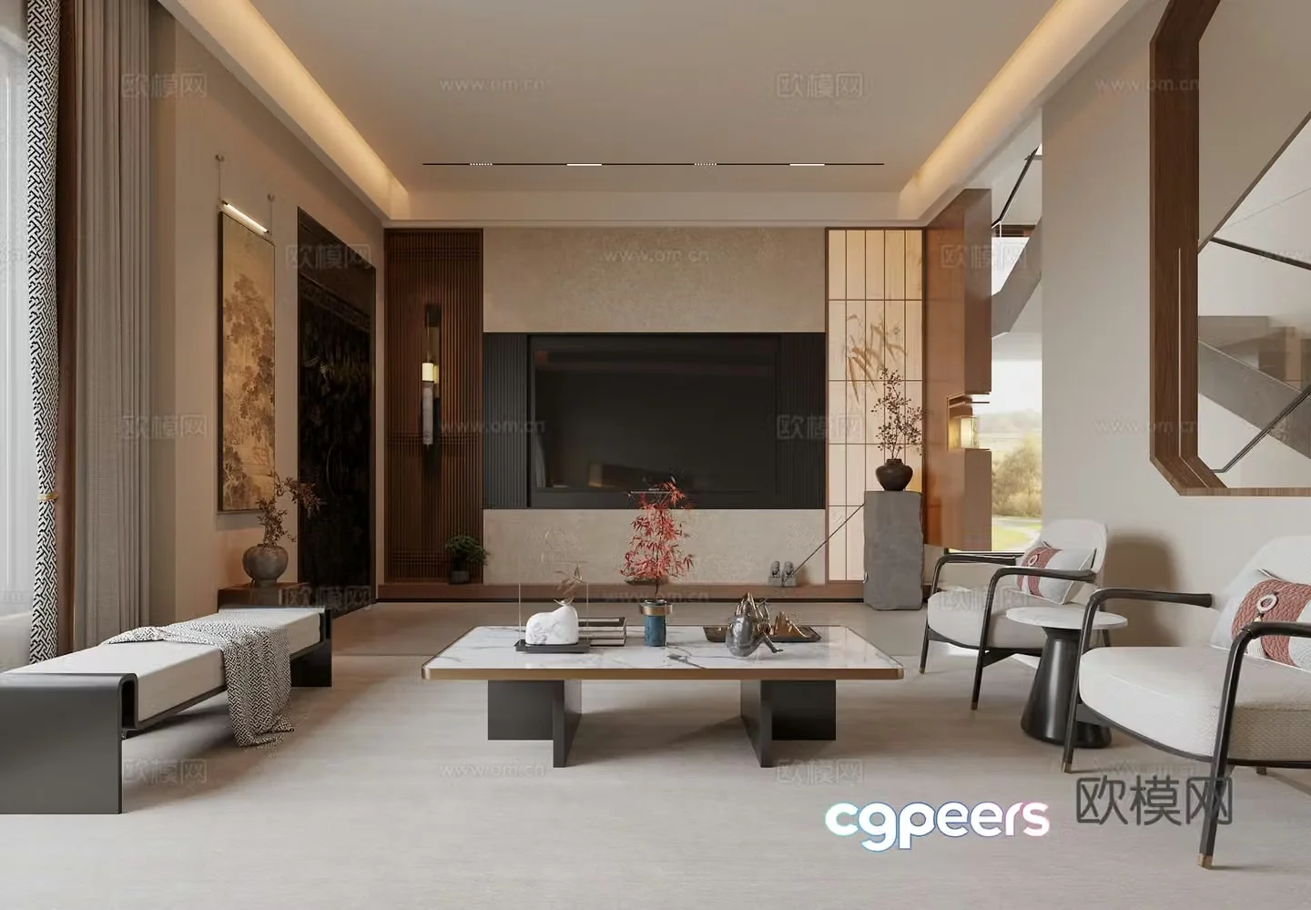 Song Family Villa Living Room TV Background Sofa Coffee Table Combination Hanging Painting Sofa Background Porch Chandelier Hanging Painting Curtains 3D Model