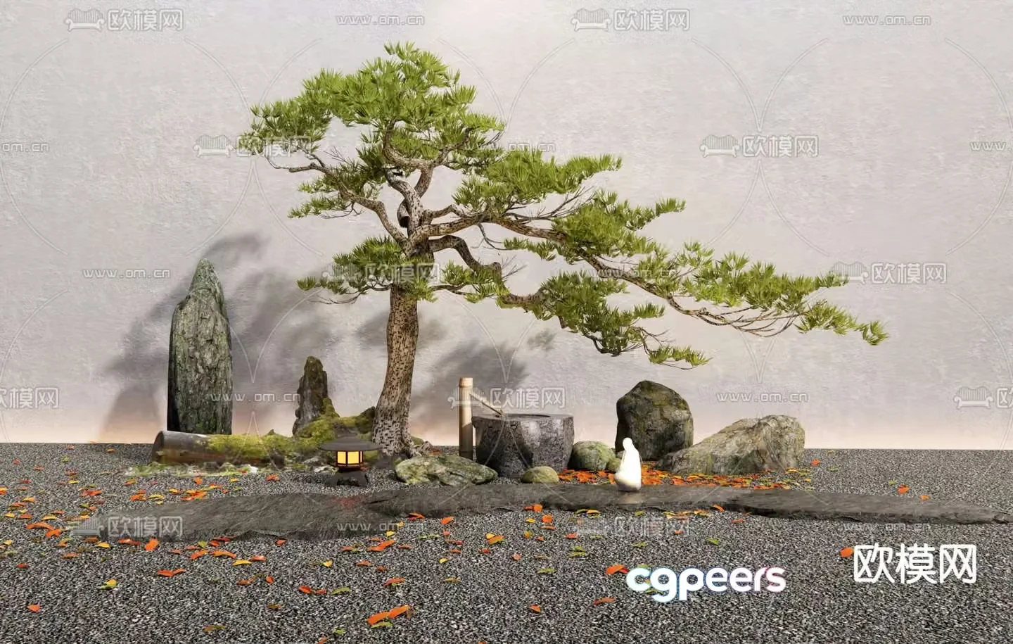 Water Bowl Sketch Pine Tree Landscape 3D Model