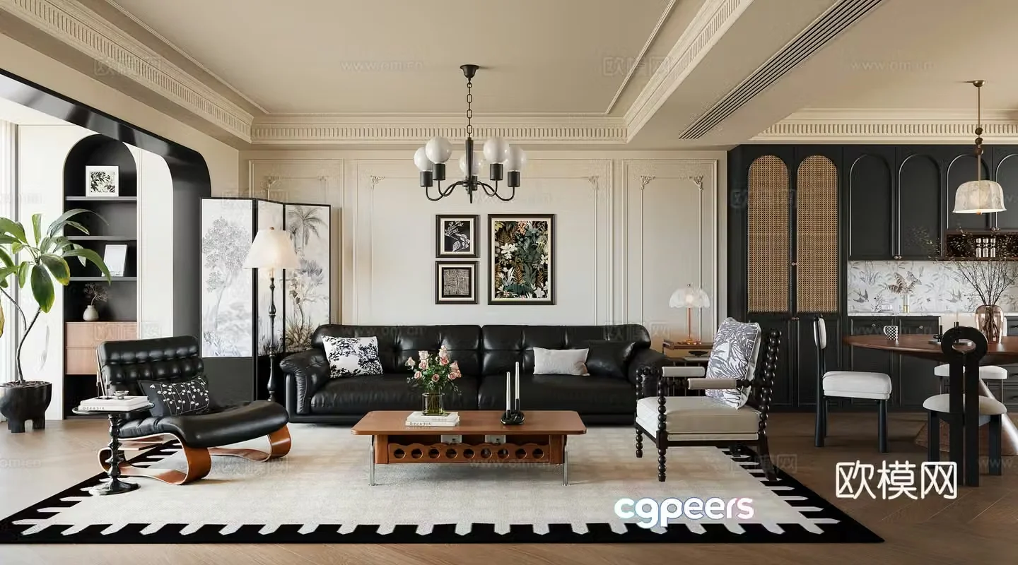 French medieval living room leisure chair sofa and coffee table dining table wine cabinet painting lamp 3d model