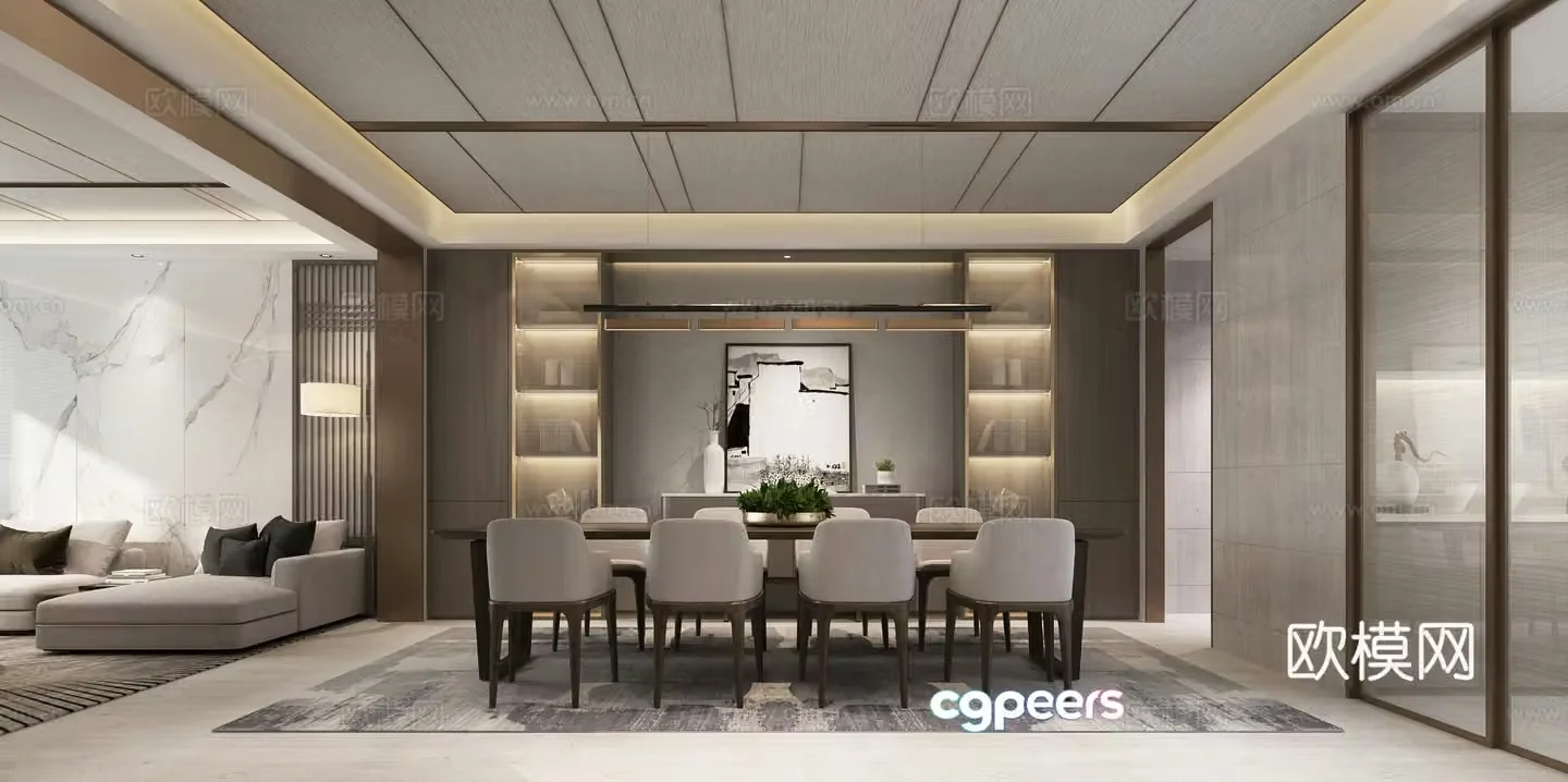 Modern living and dining room living room dining dining table and chair sofa chandeliers TV wall 3d model