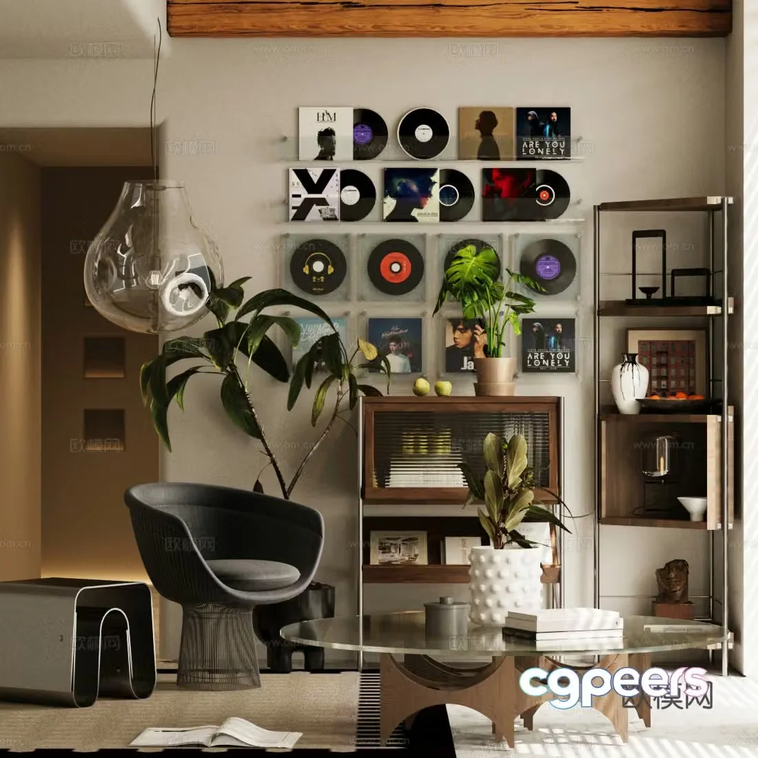 Middle style leisure chair sofa chair record wall light bulb chandelier magazine cabinet 3d model