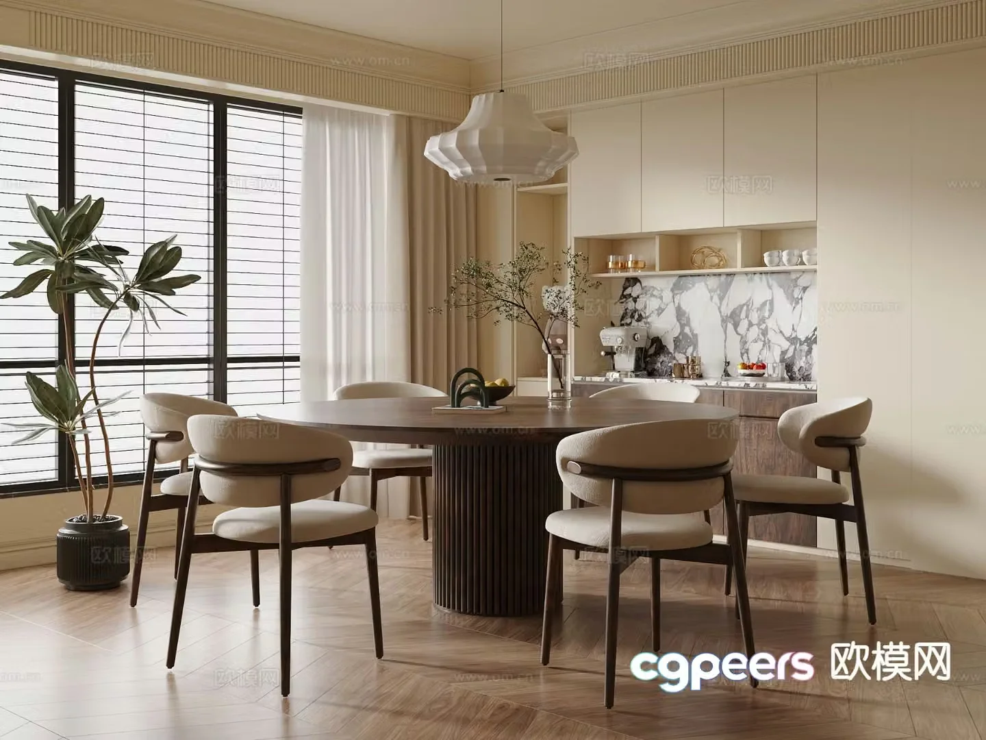 Medium style dining table and chairs round dining table 3D model
