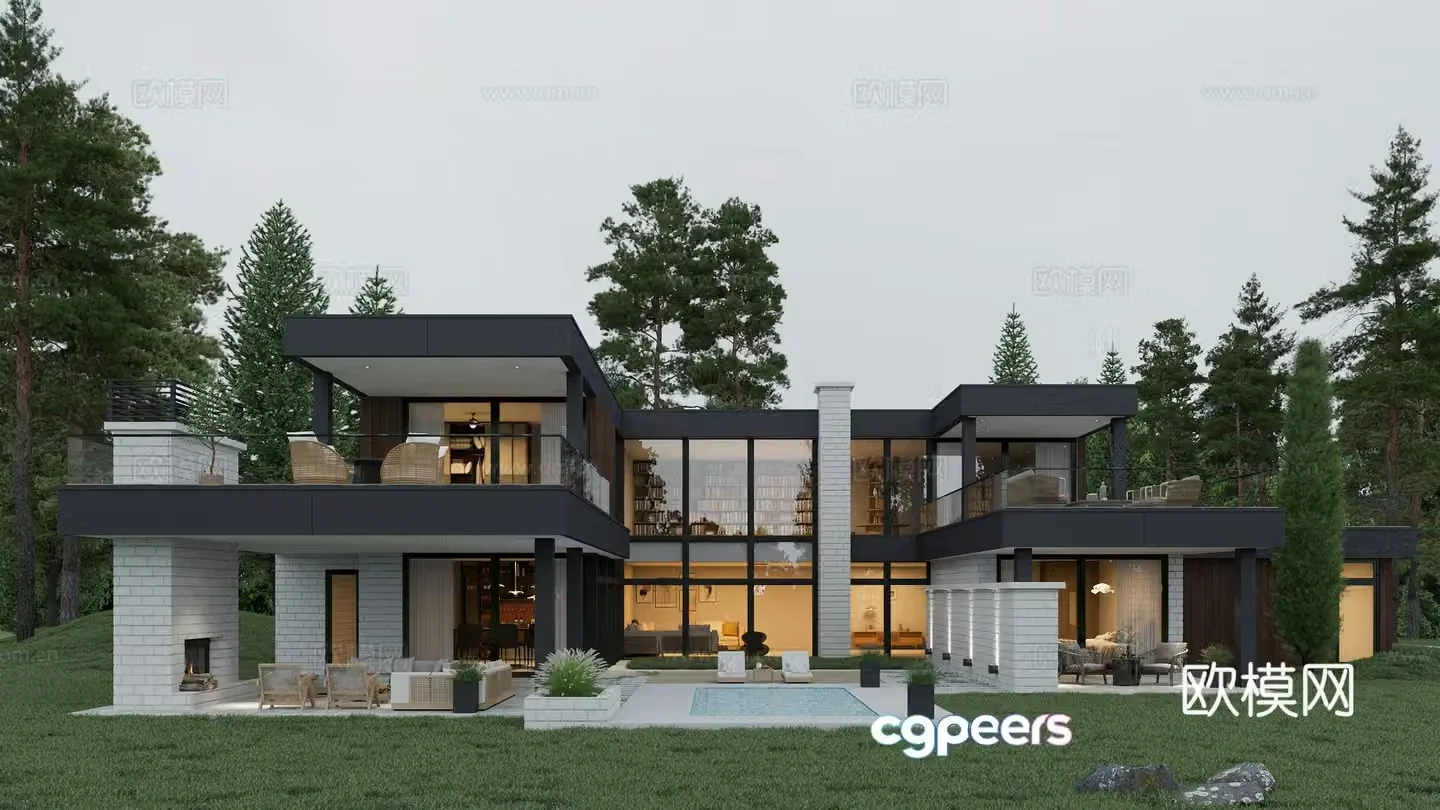 Modern villa building exterior Modern single-family villa night view 3d model