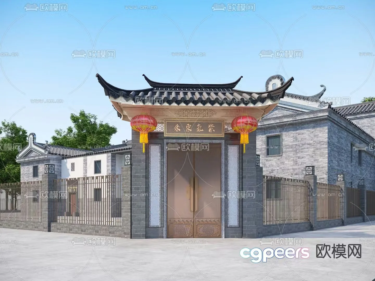Chinese style villa entrance door facade 3d model