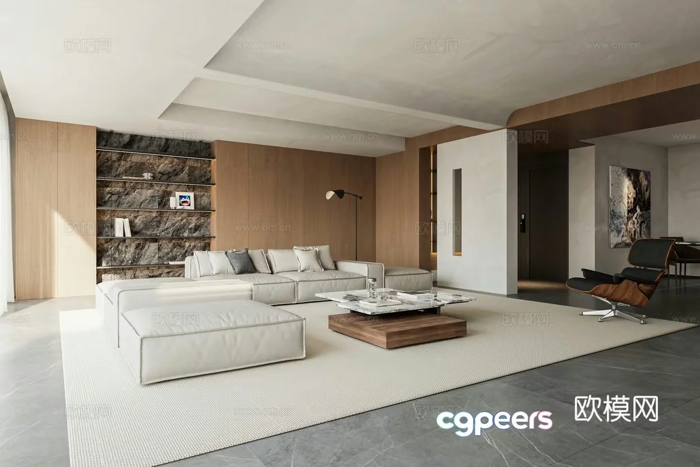 Modern light luxury living restaurant Tofu block sofa Chieftain chair Large flat horizontal hall No main light 3D model