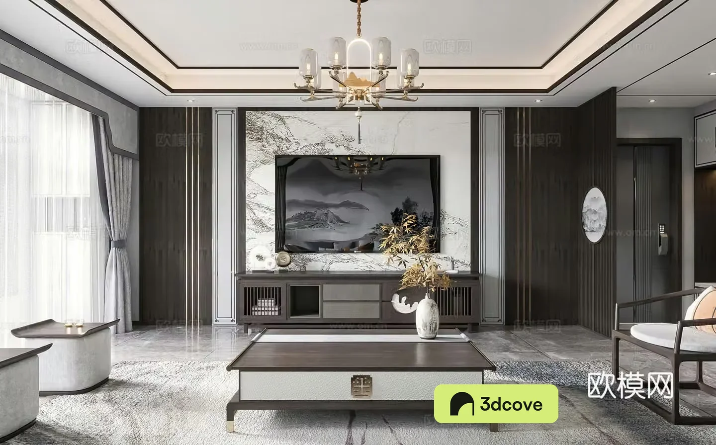 New Chinese style living room TV background wall TV cabinet chandelier New Chinese style living room leisure chair
