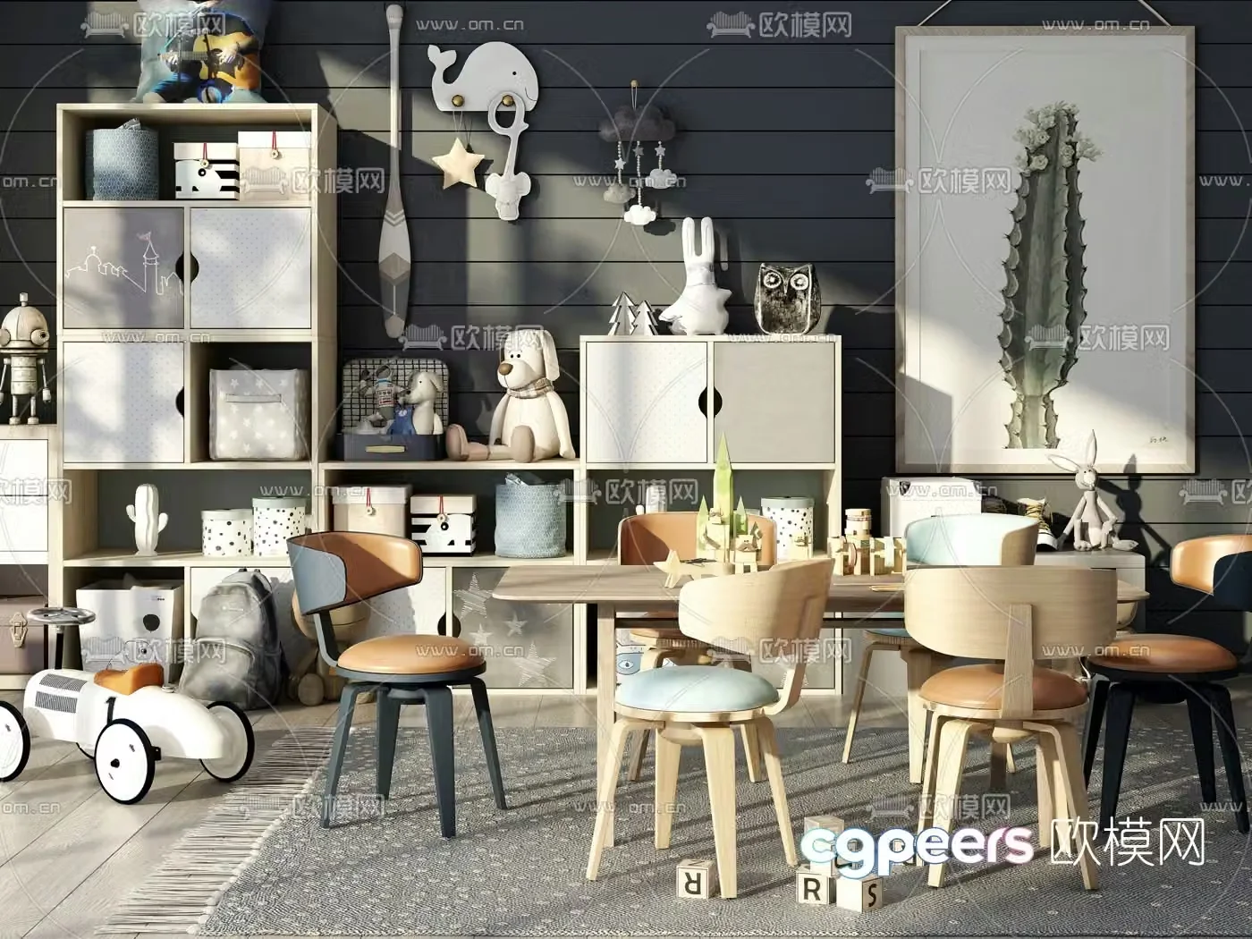 Modern children’s desk and chair locker 3d model