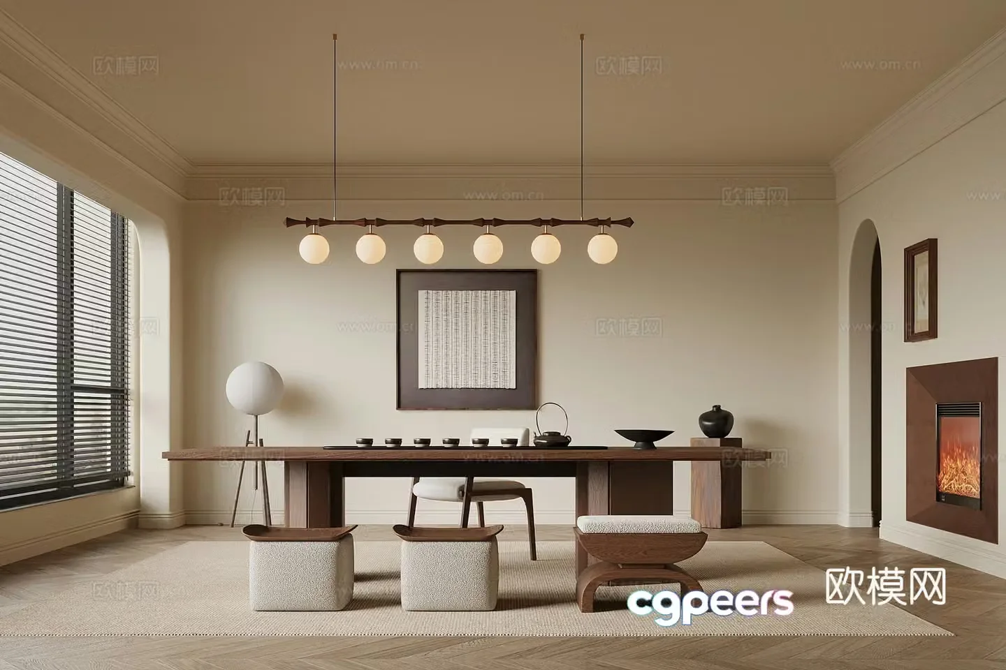 Middle-aged tea room tea table chair tea table tea set 3D model