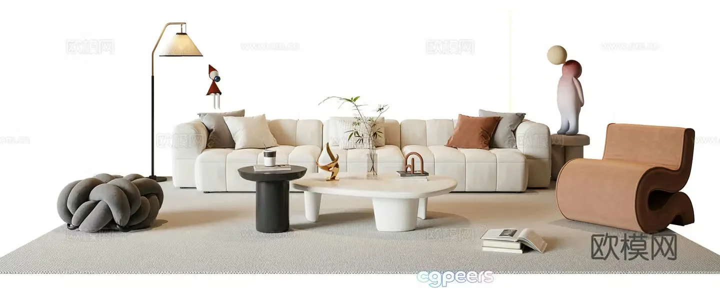 Modern cream style sofa coffee table combination fabric sofa multi-person sofa casual sofa floor lamp 3d model