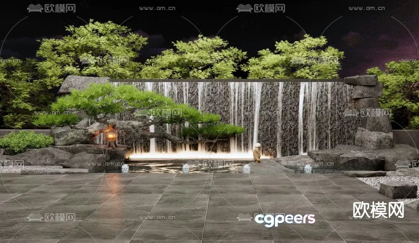 Rockery Waterscape Pine Tree Sketch 3D Model
