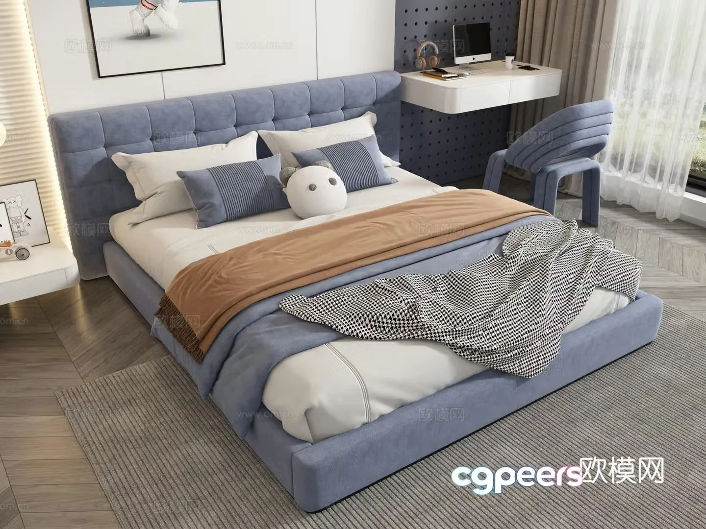 Modern blue double bed 3d model