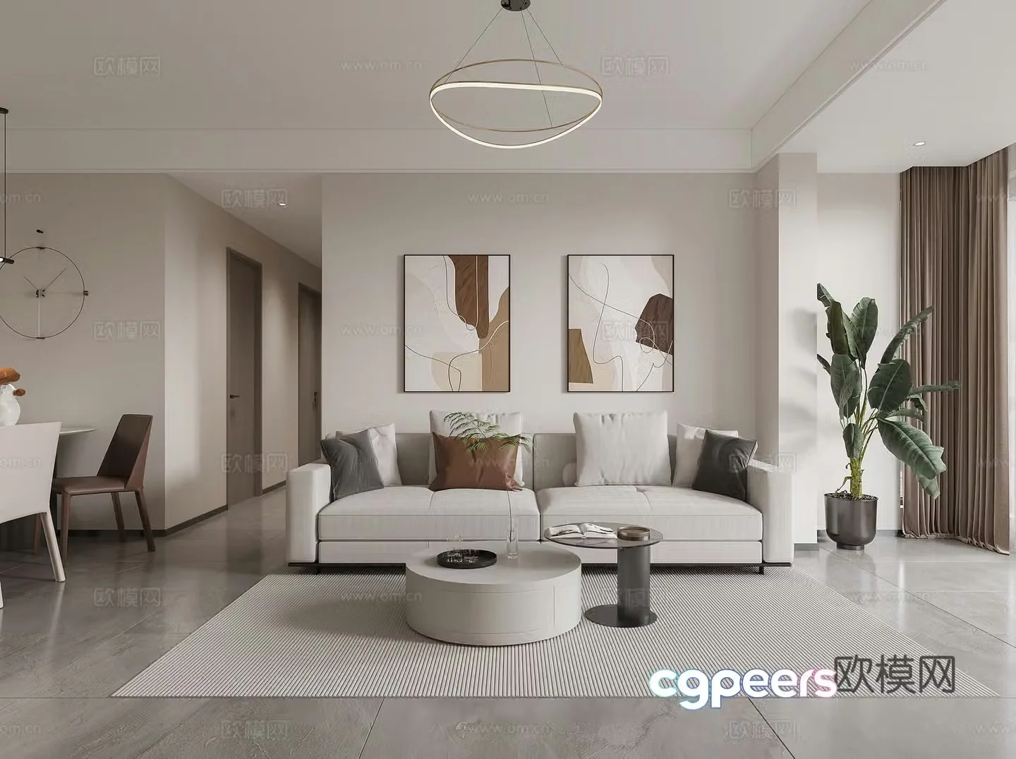 Modern living and dining room combination sofa potted modern living room dining table chandelier simple 3d model