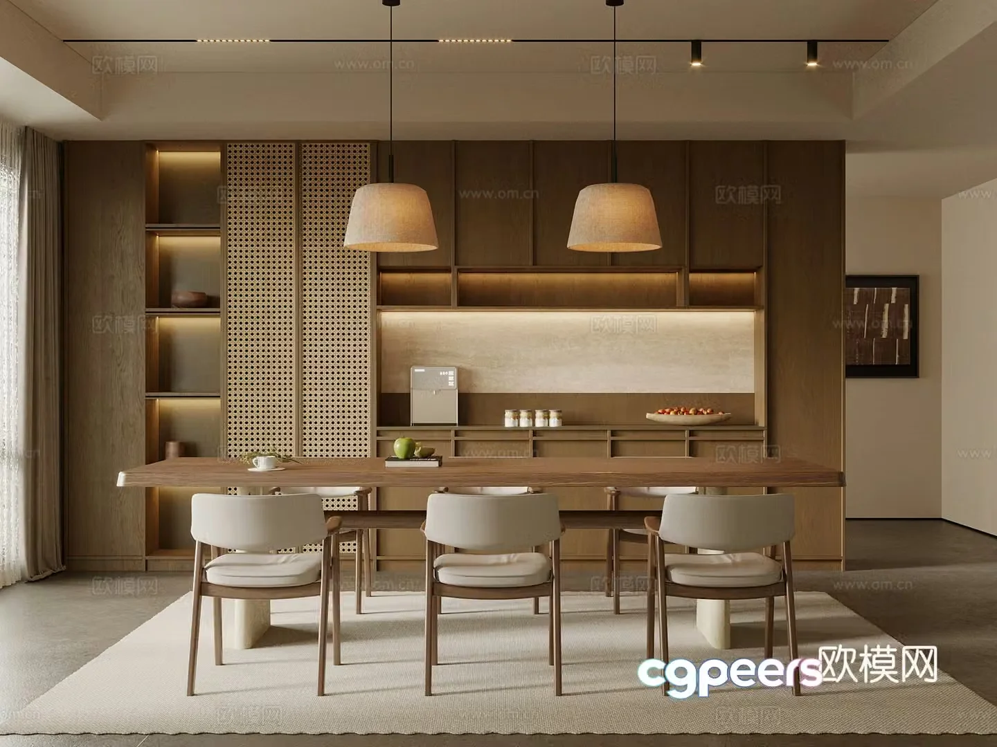 Middle style restaurant dining table chair wine cabinet 3d model