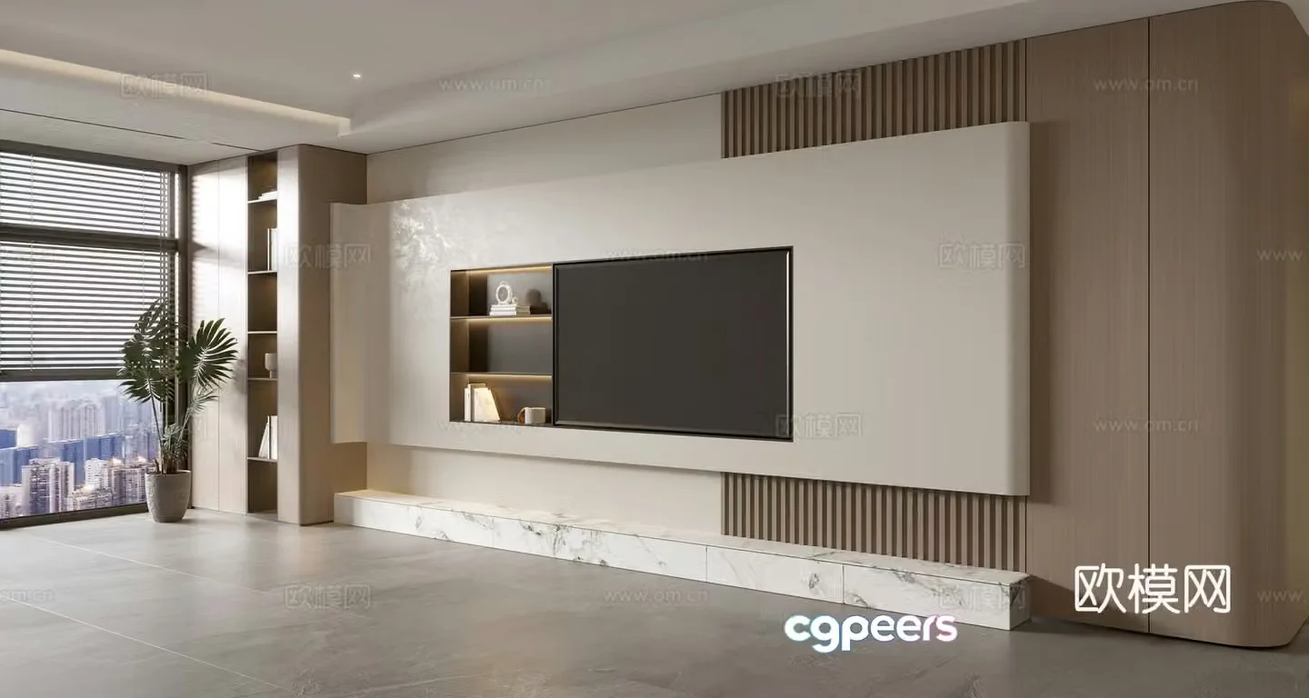 Modern simple living room light luxury TV background wall full wall TV cabinet 3D model