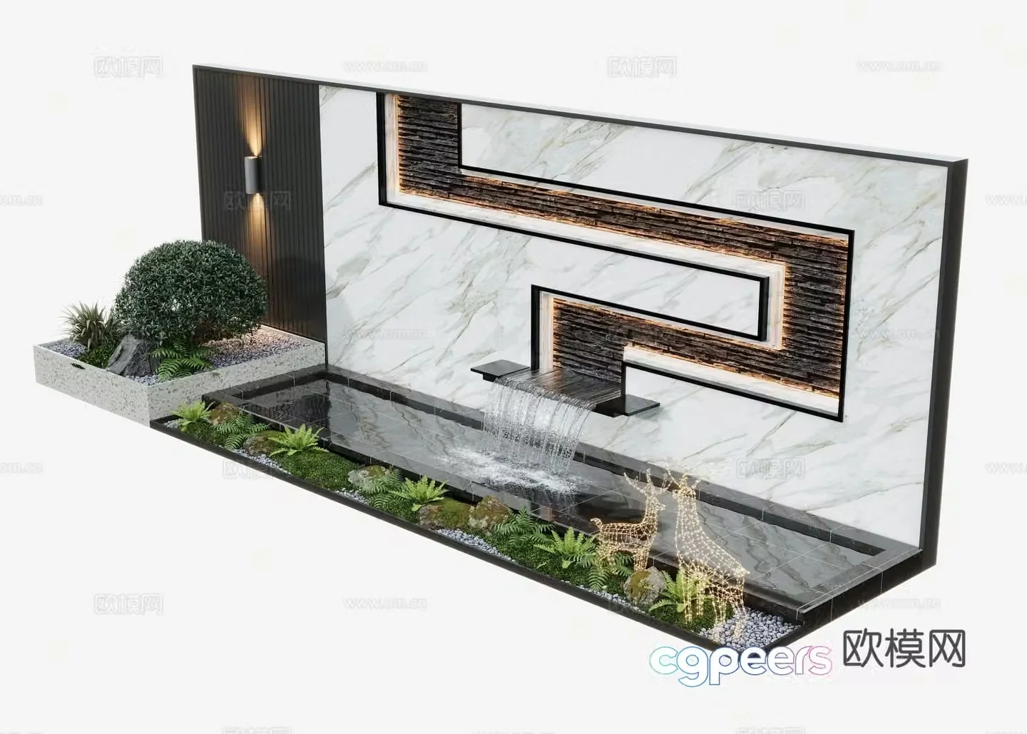 Modern water landscape courtyard waterscape stacked water fish pond landscape wall 3d model