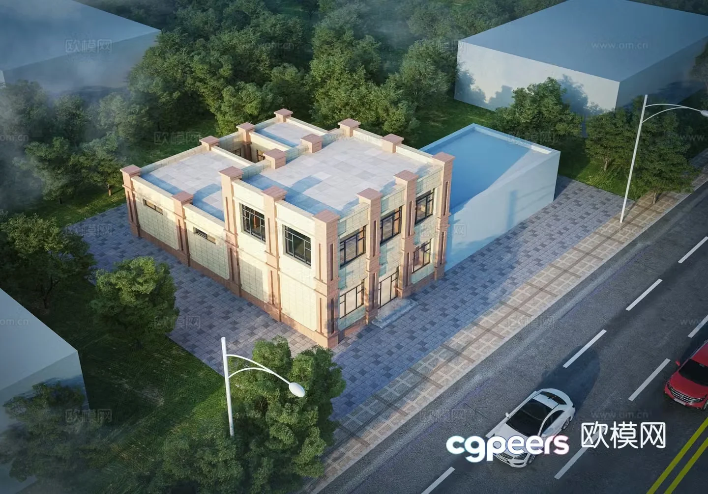 Aerial view of office building commercial complex 3d model
