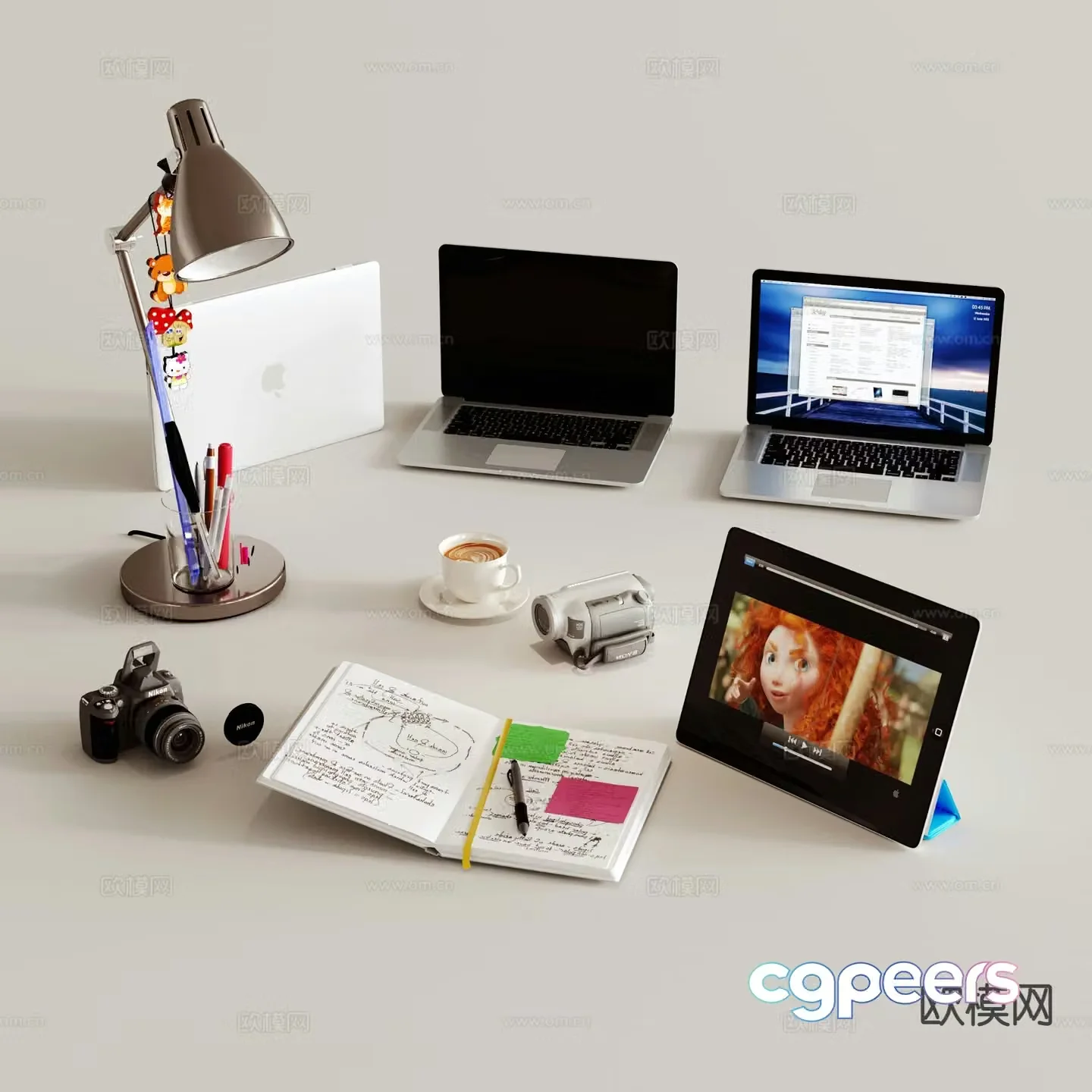 Laptop camera book desk lamp office supplies 3d model