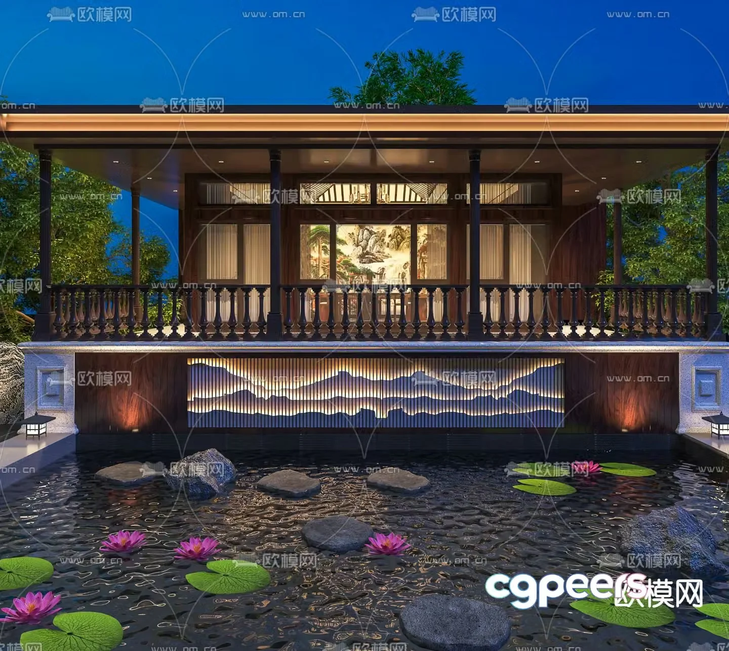 New Chinese style lotus pond balcony railing observation deck 3D model