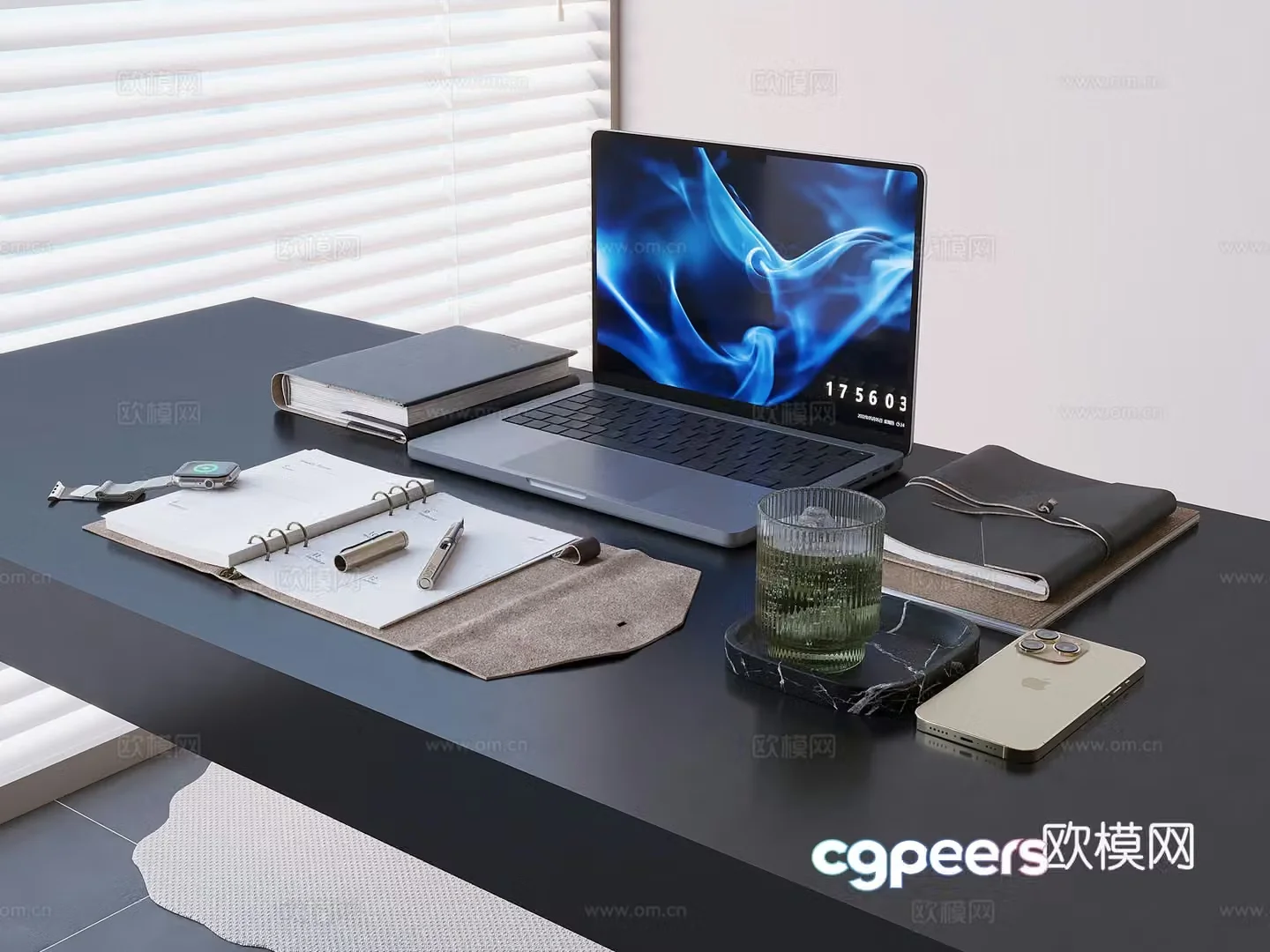 Office desk laptop iPhone watch tea cup notepad 3d model