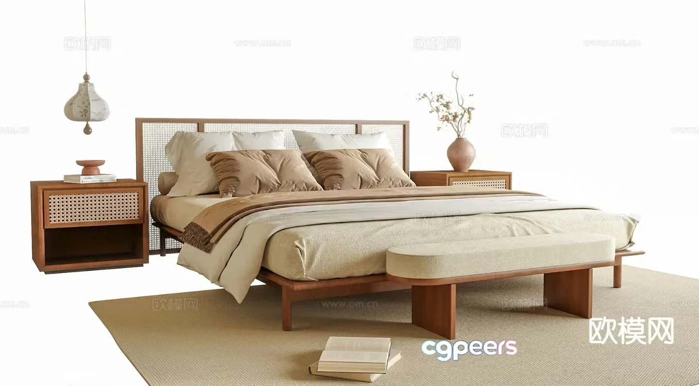 Wabi-sabi double bed bedside stool bedside table 3d model