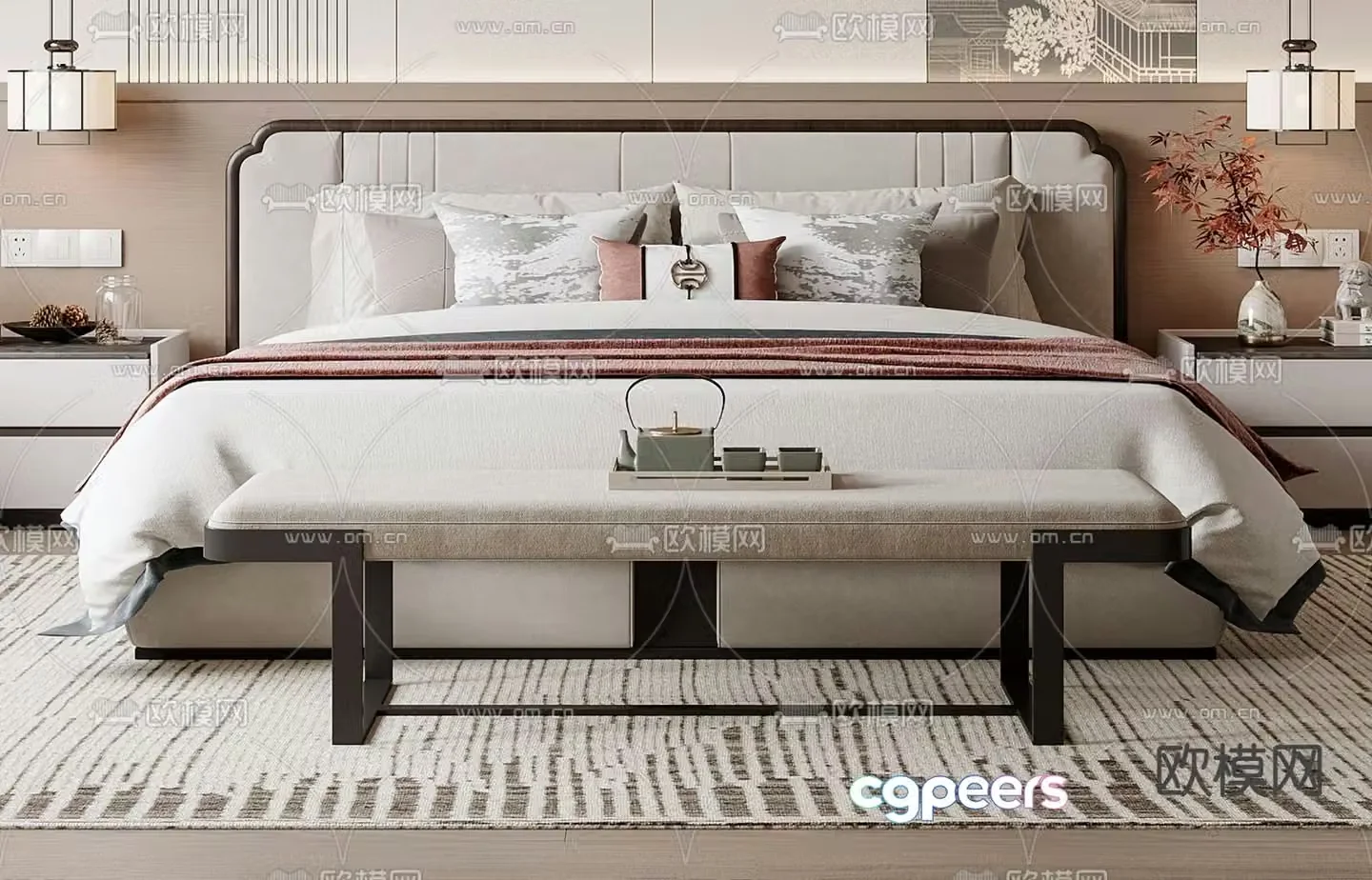 New Chinese style double bed 3d model