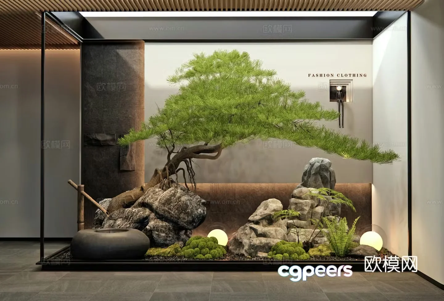 New Chinese style interior landscape Landscape stone Plant landscaping Garden sketch Moss Pine tree 3D model
