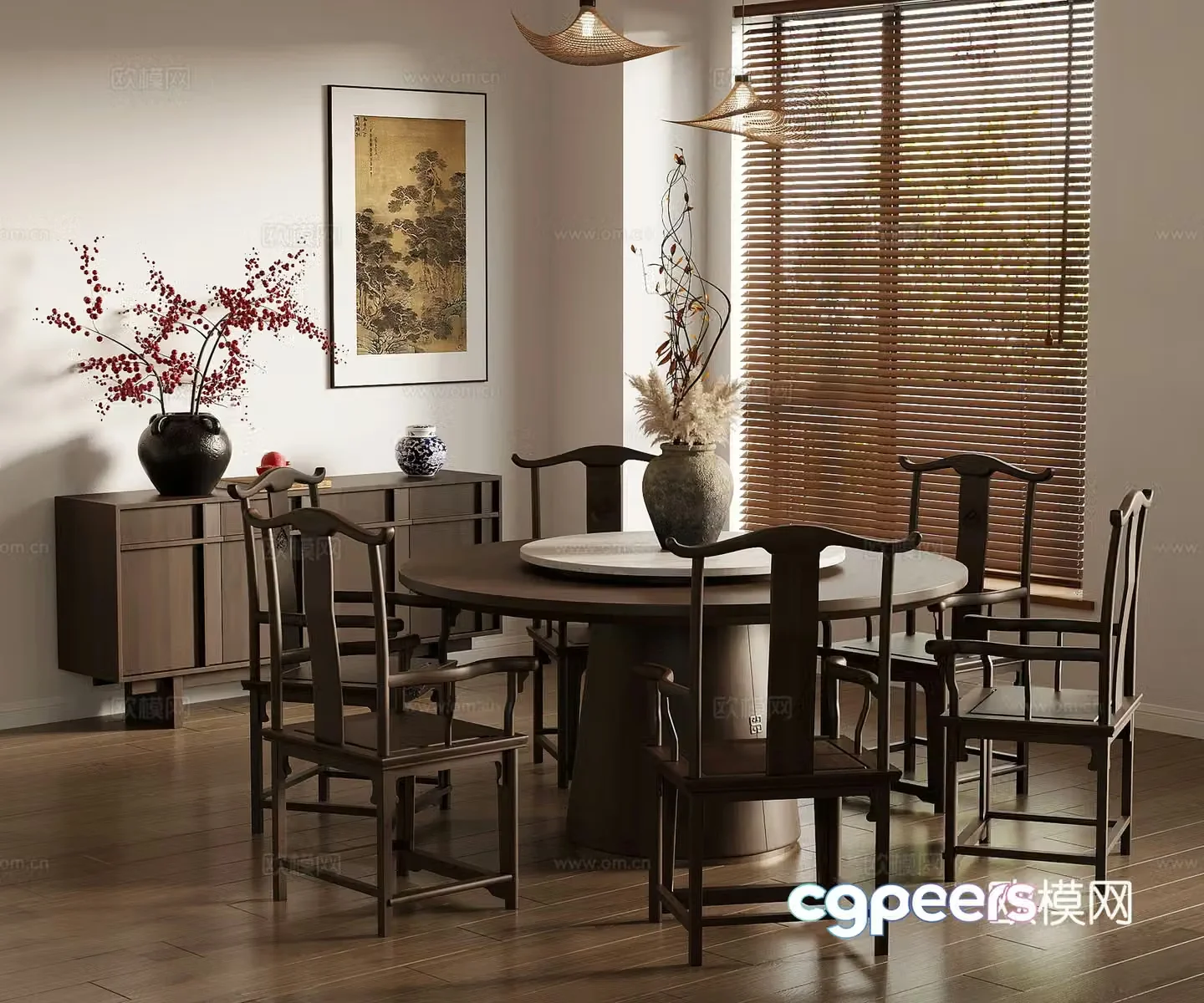 18 Restaurants New Chinese Restaurant Dining Table and Chair Combination Sideboard Green Plant 3D Model