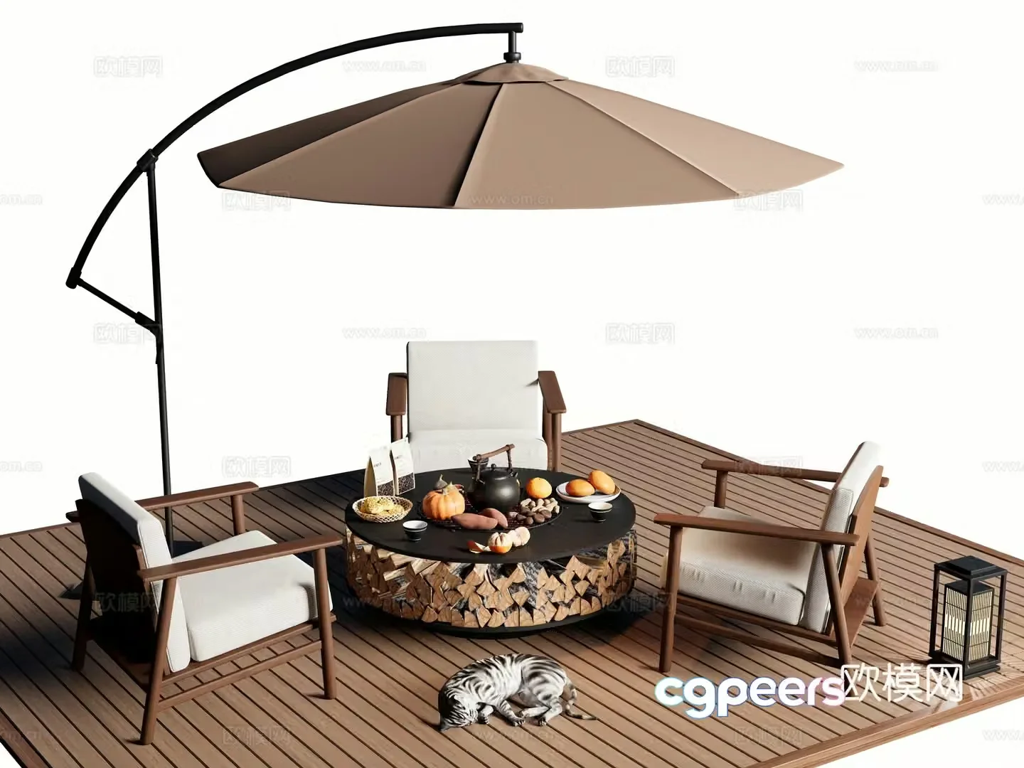 Modern outdoor table and chairs outdoor dining table and chairs tea cooking in the stove stove parasol 3d model