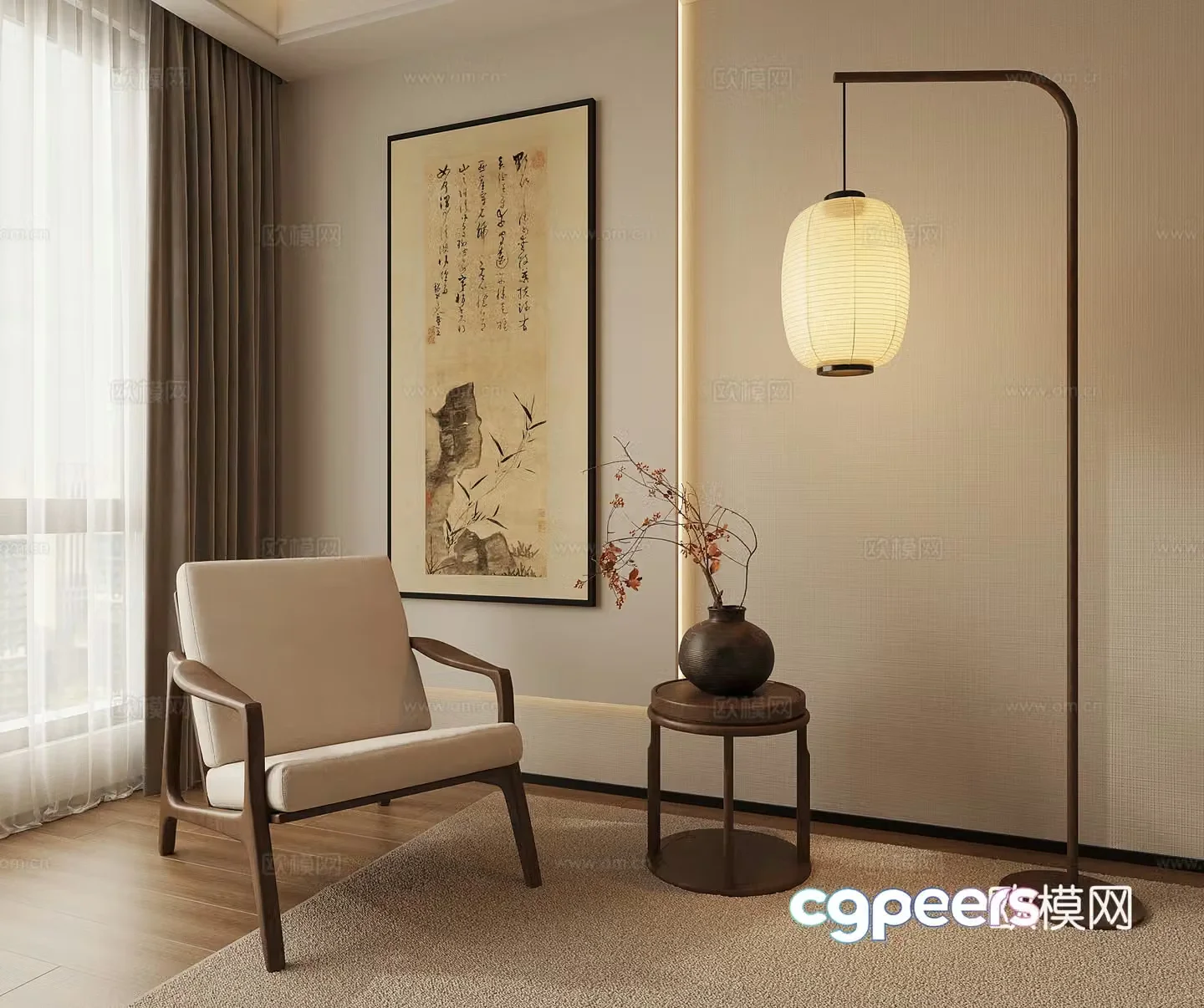 New Chinese style floor lamp leisure chair decorative painting side 3D model