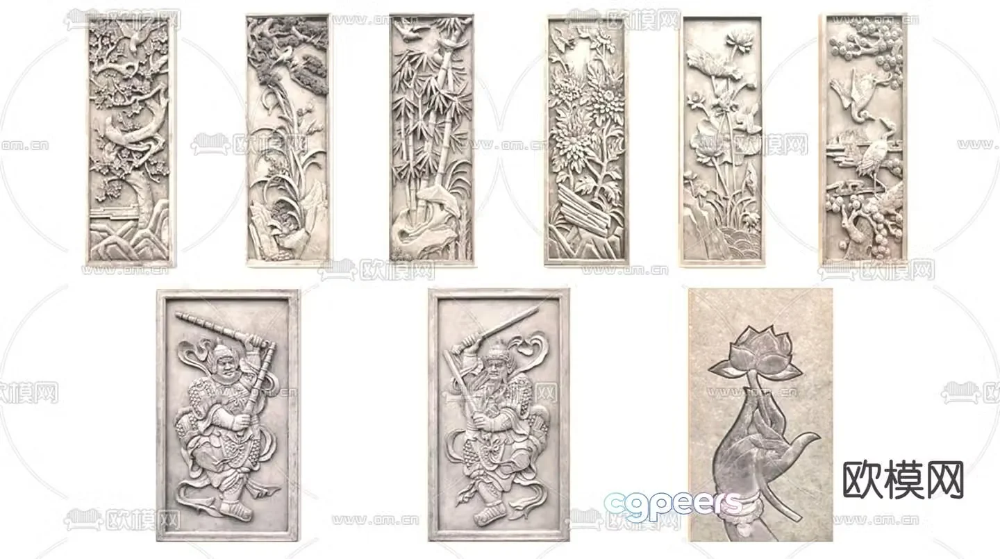 Chinese style landscape wall relief brick carving plum orchid bamboo chrysanthemum relief 3D model